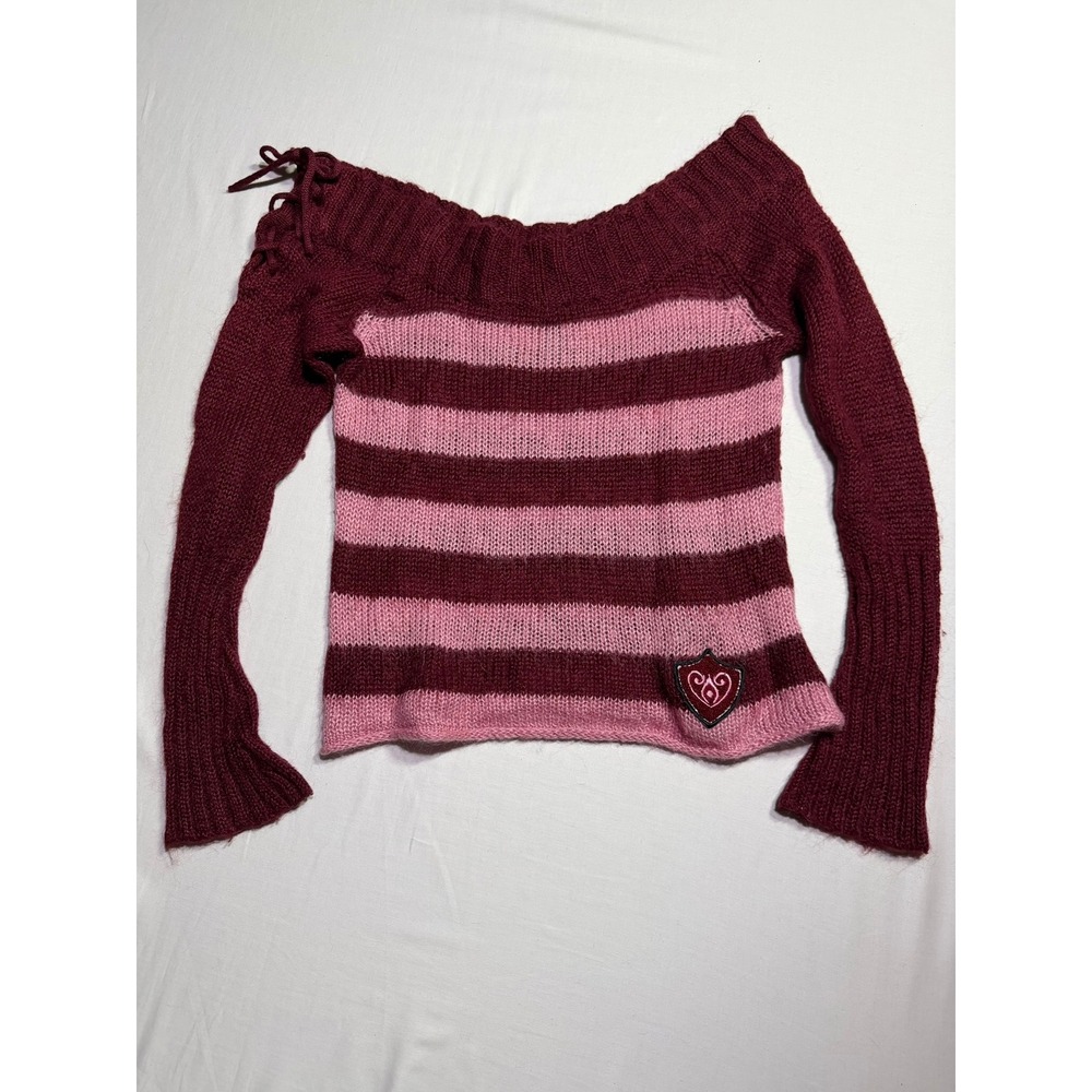 Vintage Anisette Y2K Striped Off The Shoulder Coquette Knit Sweater